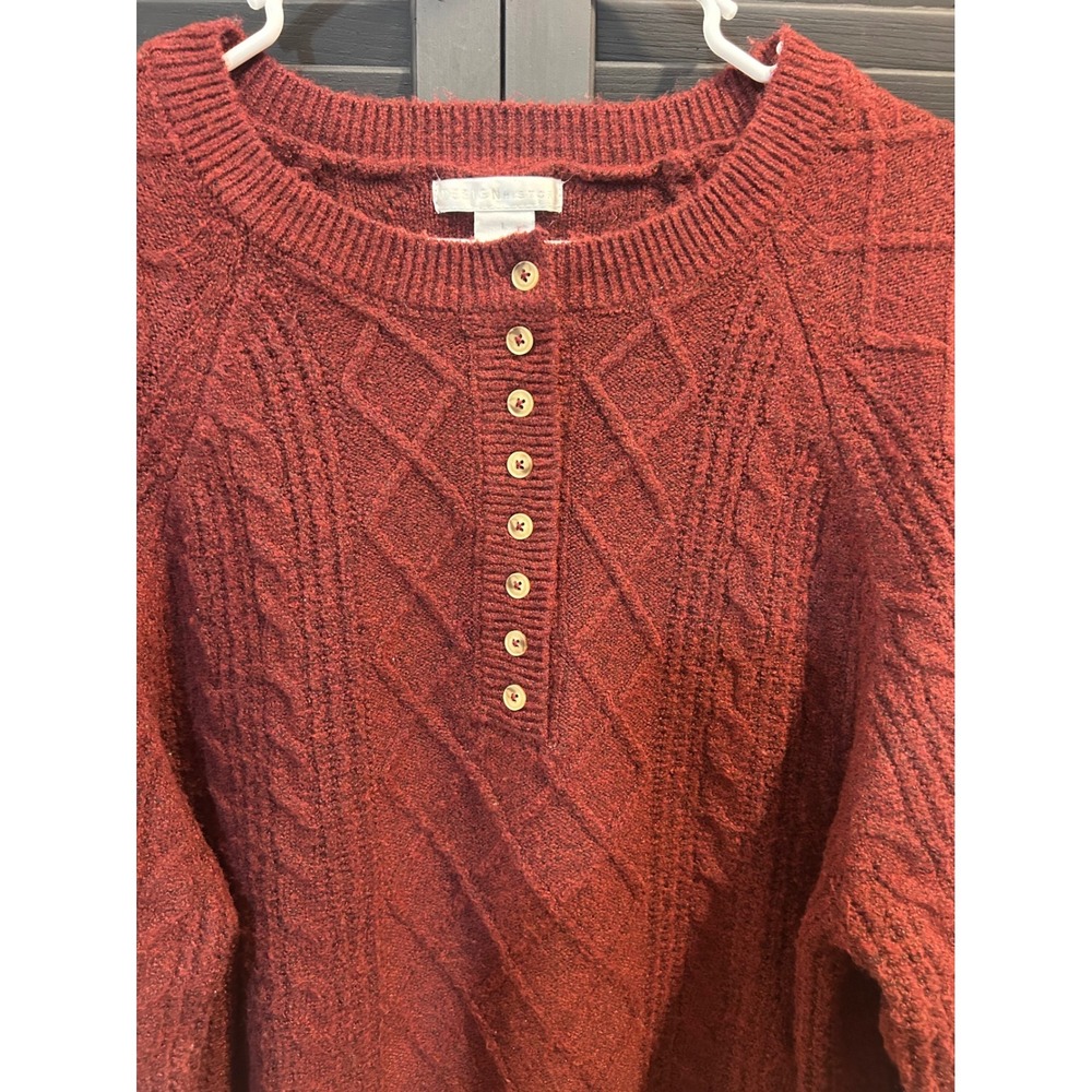 Design History Burgundy Cable Knit Henley Sweater Wool Blend Burgundy Large - Picture 3 of 7